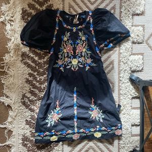 Free People embroidered floral black dress puff sleeve